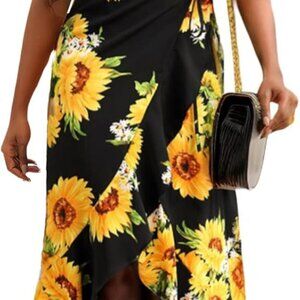 Women’s Sunflower Print V Neck Wrap Maxi Dress Ruffle Hem Casual Elegant